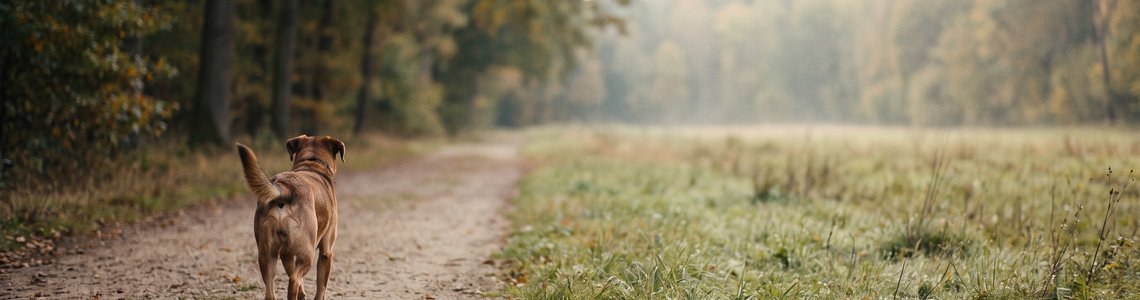 Brauner Mischlingshund läuft im Morgenlicht über einen breiten Waldweg