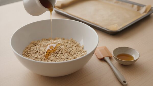 Grundverhältnis für Granola: Haferflocken in einer Rührschüssel werden mit Sirup und Öl vermischt