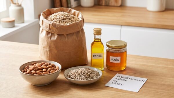Zutaten für selbstgemachtes Granola: Haferflocken, Nüsse, Öl und Honig auf einer Küchenarbeitsplatte