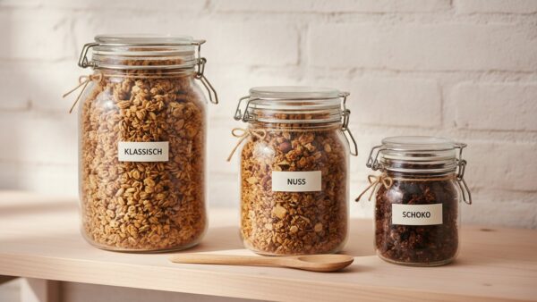 Selbstgemachtes Granola luftdicht in Bügelgläsern gelagert auf einem Küchenregal