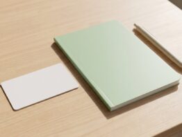 grippeimpfung 2026 bild 1 Unbeschriftete weiße Karte neben einem dünnen grünen Heft und einem Kugelschreiber auf hellem Holz