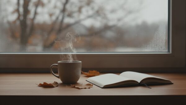 grippeimpfung 2026 bild 2 Teetasse und leerer Notizblock auf einem KĂĽchentisch vor einem beschlagenen Herbstfenster