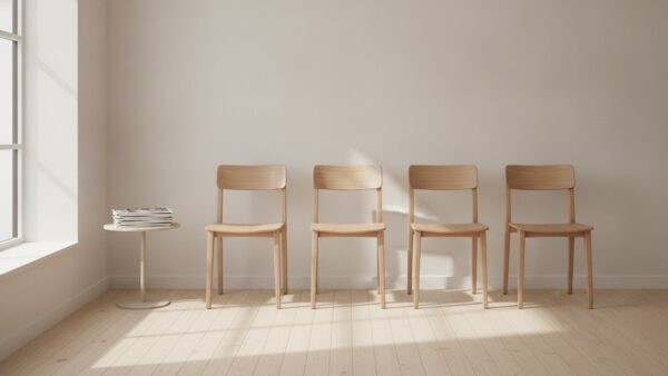 grippeimpfung 2026 bild 4 Leere Stuhlreihe in einem hellen Wartebereich mit Beistelltisch und unbeschrifteten Zeitschriften