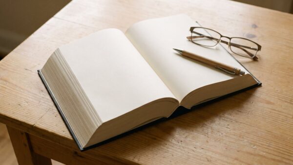 grundsicherung arbeitslosengeld bild 1 Aufgeschlagenes Buch mit leeren Seiten, Kugelschreiber und Lesebrille auf hellem Holztisch