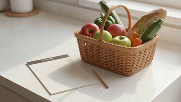 grundsicherung arbeitslosengeld bild 2 Einkaufskorb mit Brot, Äpfeln und Gemüse neben einem leeren Notizzettel