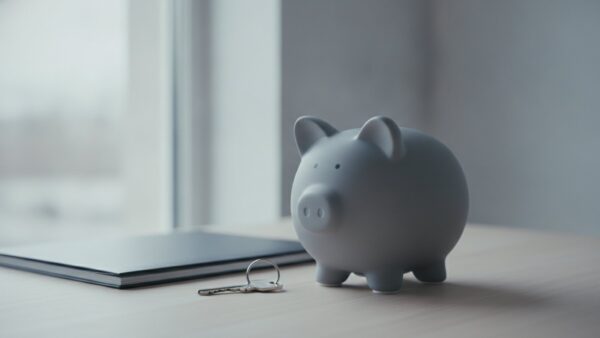 grundsicherung arbeitslosengeld bild 3 Graues Sparschwein, geschlossener Ordner und ein WohnungsschlĂĽssel auf einem Schreibtisch