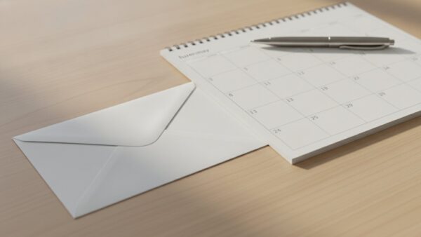 grundsicherung arbeitslosengeld bild 4 Leerer Briefumschlag, unbeschrifteter Wandkalender und Kugelschreiber auf Holz