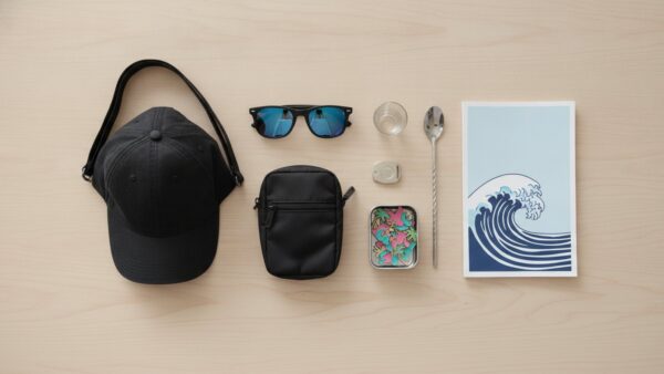 Flatlay mit Sonnenbrille, Kappe, Umhängetasche, Schnapsglas, Barlöffel, Anhänger, Pin-Dose und Poster