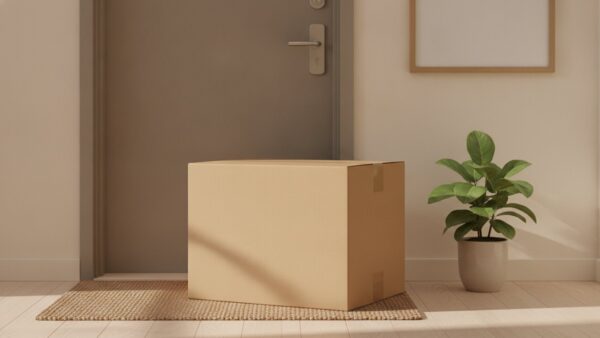 Unbeschrifteter großer Versandkarton vor einer Wohnungstür im hellen Hausflur