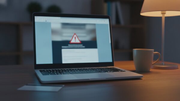 Notebook mit rotem Warnsymbol auf einer unscharfen Shop-Seite, daneben eine Bankkarte und eine Tasse
