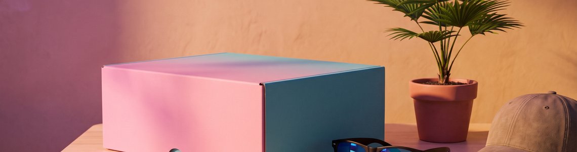 Geschlossene Sammlerbox in Pink und Türkis mit Sonnenbrille, Kappe und Palme im Abendlicht