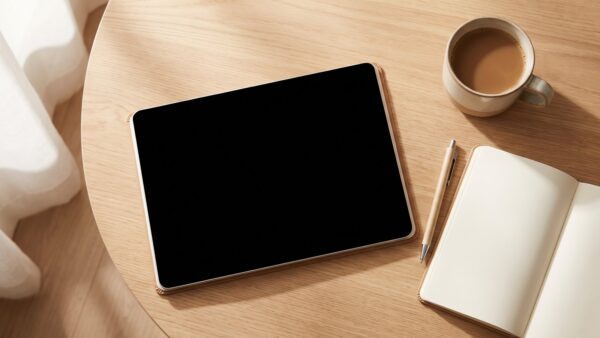 guenstig fliegen bild 2 Notebook mit dunklem Bildschirm, Notizblock und Kaffee auf dem Tisch