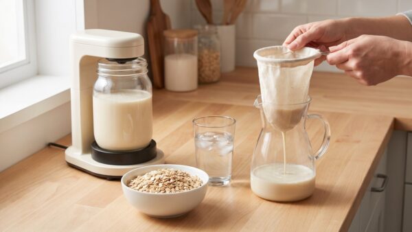 hafermilch selber machen anleitung Hafermilch selber machen: Standmixer, Haferflocken und Nussmilchbeutel auf der Arbeitsplatte