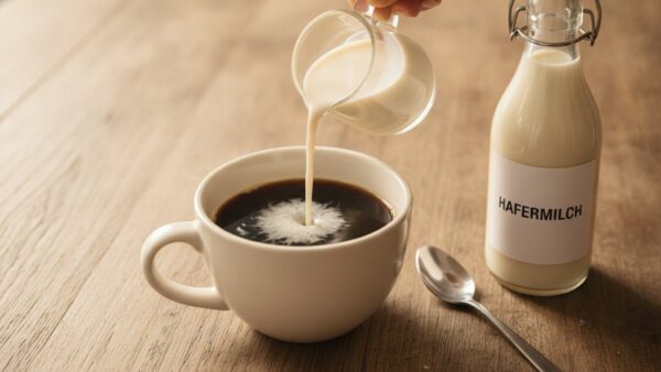 hafermilch selber machen kaffee Selbstgemachte Hafermilch wird in Kaffee gegossen und schĂ€umt nur dĂŒnn