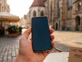 Smartphone in der Hand vor europaeischer Altstadtkulisse beim Roaming im Ausland