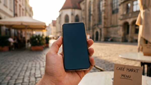 handy im ausland bild 1 Smartphone in der Hand vor europaeischer Altstadtkulisse beim Roaming im Ausland