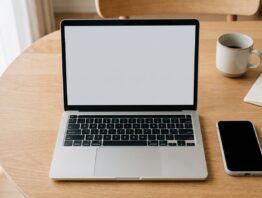 Laptop mit leerem Bildschirm und Smartphone auf einem Holztisch als Symbol für die Geräteortung
