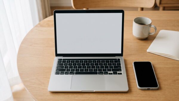 Laptop mit leerem Bildschirm und Smartphone auf einem Holztisch als Symbol für die Geräteortung