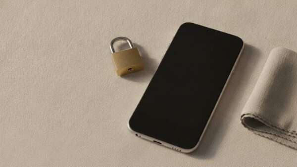 Smartphone mit schwarzem Display neben einem kleinen Vorhängeschloss auf hellem Leinentuch