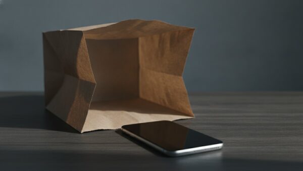 Smartphone mit schwarzem Display auf dunklem Schreibtisch unter leerem, zerknülltem Papier
