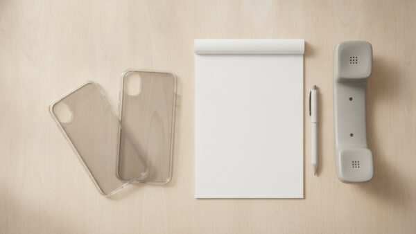 Leere Handyhülle, Telefonhörer und unbeschriebener Notizzettel auf einem Holztisch