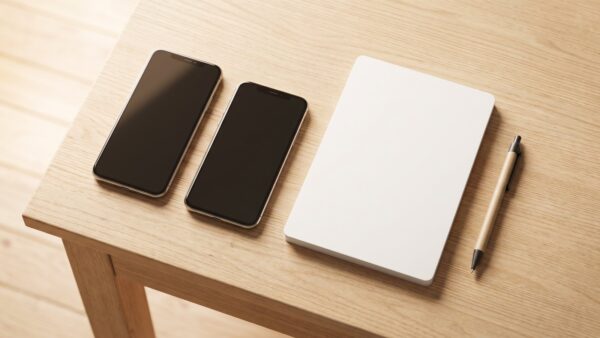 Zwei Smartphones mit dunklen Displays neben einem leeren Notizblock