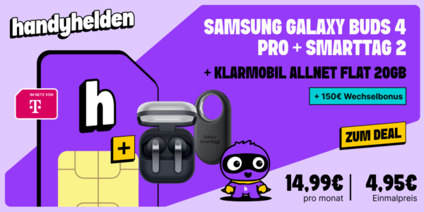 handyhelden buds4pro 1200x600 1 Samsung Galaxy Buds 4 Pro + SmartTag 2 mit klarmobil Allnet Flat 20GB im Telekom-Netz bei Handyhelden