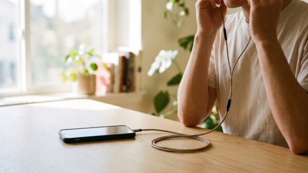 Telefonieren mit Headset, während das Smartphone auf dem Tisch liegt