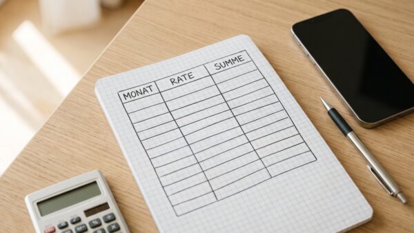 Leere Rechentabelle mit Spalten Monat, Rate und Summe neben Taschenrechner und Smartphone