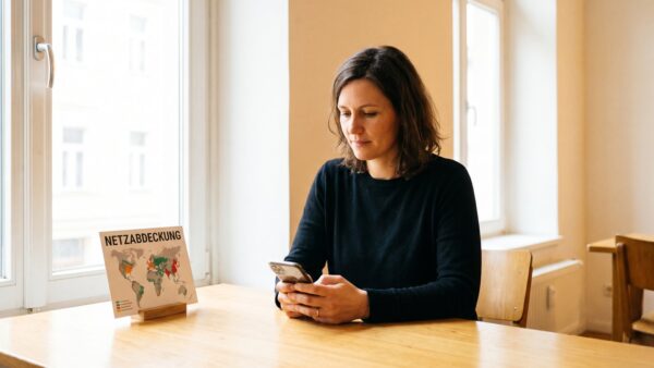 handyvertrag vergleich netz Frau prĂĽft die Netzabdeckung vor dem Handyvertrag-Vergleich
