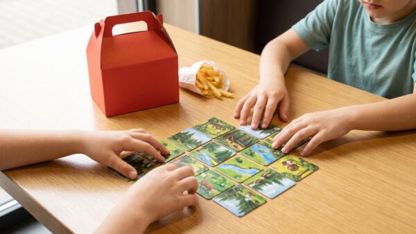 Kinder spielen ein Legespiel aus dem Happy Meal am Restauranttisch