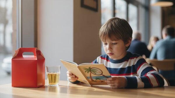 Kind liest das Spendenbuch aus dem Happy Meal statt Spielzeug