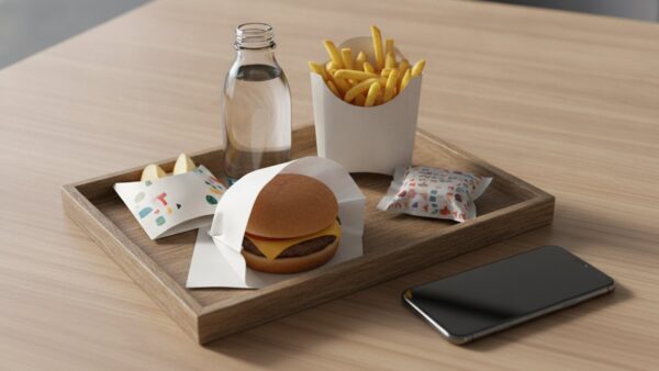 Happy Meal Inhalt: Cheeseburger, Pommes, Wasser, Obst und Spielzeug auf dem Tablett