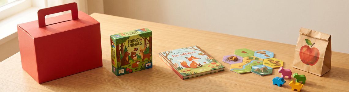 Happy Meal Spielzeug: Kindermenü-Box, Spiel, Buch und Sammelfiguren auf dem Tisch