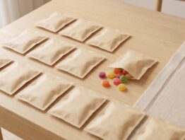 Reihen unbedruckter Papiertütchen, eines geöffnet mit buntem Fruchtgummi