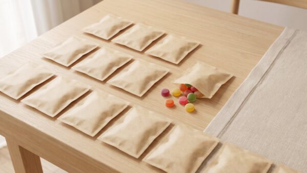 haribo adventskalender bild 1 Reihen unbedruckter PapiertĂŒtchen, eines geöffnet mit buntem Fruchtgummi