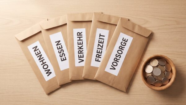 haushaltsbuch vorlage ausgabenbereiche 1 Fünf beschriftete Umschläge für die Ausgabenbereiche Wohnen, Essen, Mobilität, Freizeit und Vorsorge