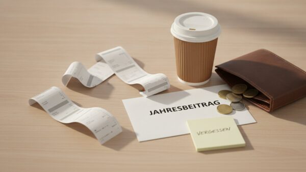 haushaltsbuch vorlage vergessene ausgaben Kassenbons, Kleingeld und ein Umschlag mit Jahresbeitrag als typische vergessene Ausgaben im Haushaltsbuch