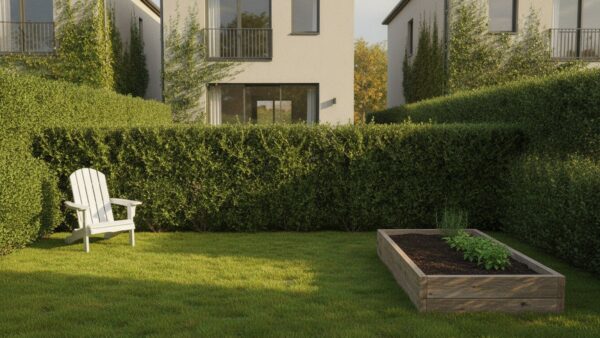 heckenschnitt herbst bild 3 Grüne Hecke als Grenze zwischen zwei Reihenhausgärten mit Gartenstuhl und Hochbeet