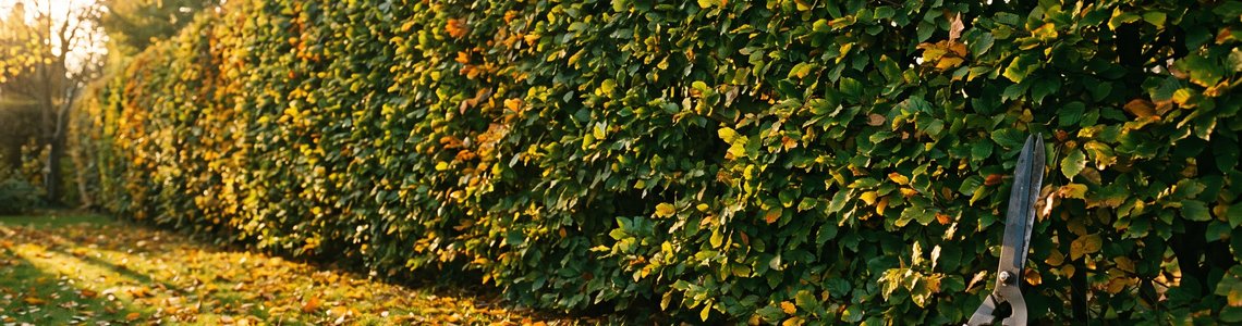 Dichte grüne Hecke im Frühherbst mit Laub auf dem Rasen und einer Heckenschere im Gras