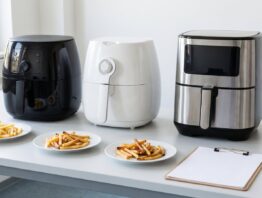 heissluftfritteuse test bild 1 Drei Heißluftfritteusen im Vergleich mit Pommes-Proben in unterschiedlicher Bräunung auf einem Prüftisch