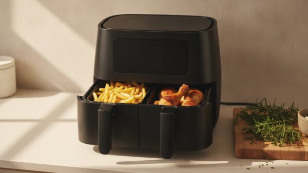 heissluftfritteuse test bild 2 Doppelkammer-Heißluftfritteuse mit Pommes in der einen und Hähnchenkeulen in der anderen Schublade