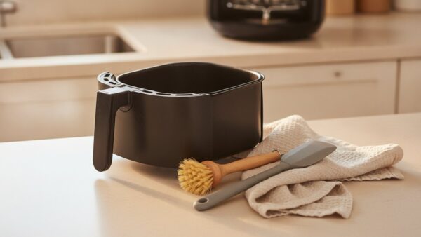 heissluftfritteuse test bild 4 Beschichteter Garkorb einer Heißluftfritteuse mit Spülbürste und Silikonwender auf der Arbeitsplatte
