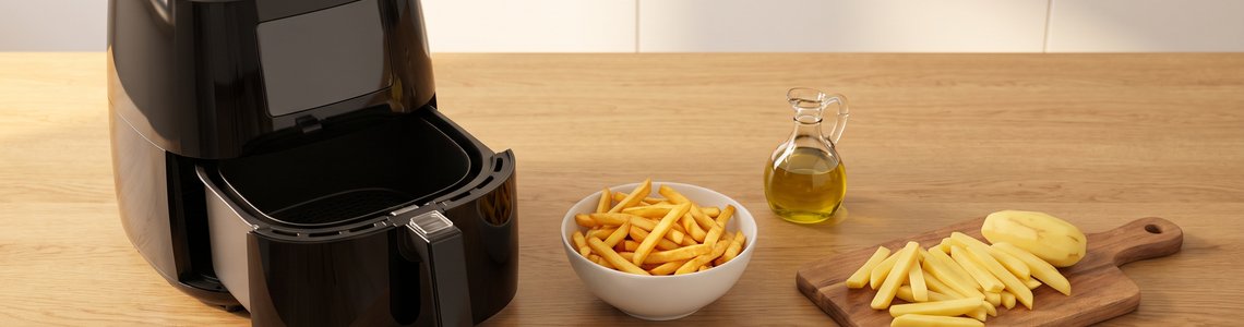 Schwarze Heißluftfritteuse mit offener Schublade neben einer Schale Pommes, Olivenöl und geschnittenen Kartoffeln auf einer Holzarbeitsplatte