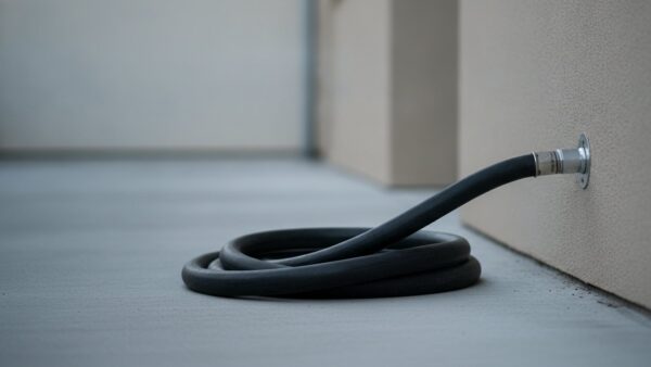 Aufgerollter Tankschlauch neben einem unbeschrifteten Einfüllstutzen an einer Hauswand