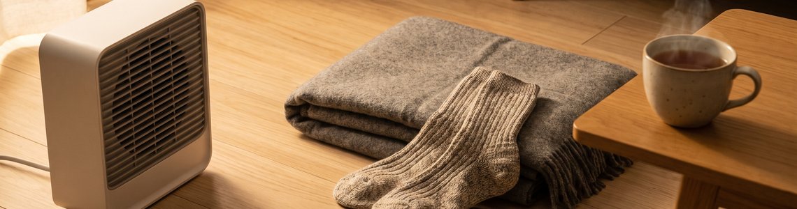 Weißer Heizlüfter auf einem Holzboden neben einer Wolldecke, Wollsocken und einer Tasse Tee