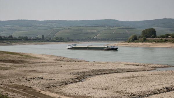 Frachtschiff auf einem Fluss bei Niedrigwasser, im Vordergrund freiliegende Kiesbänke