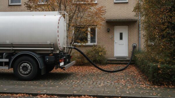 Tankwagen an der Einfahrt eines Reihenhauses, Schlauch führt zum Füllstutzen in der Hauswand