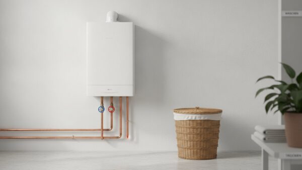 heizung entlueften bild 3 WeiĂźe Wandtherme mit Kupferrohren und Ventilen in einem hellen Hauswirtschaftsraum