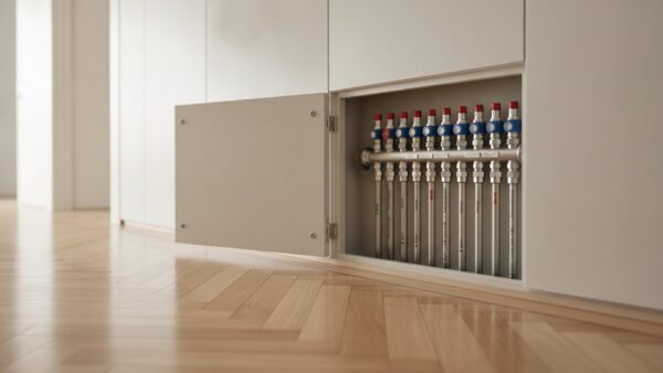 heizung entlueften bild 4 Heizkreisverteiler einer Fußbodenheizung in einem geöffneten Wandschrank